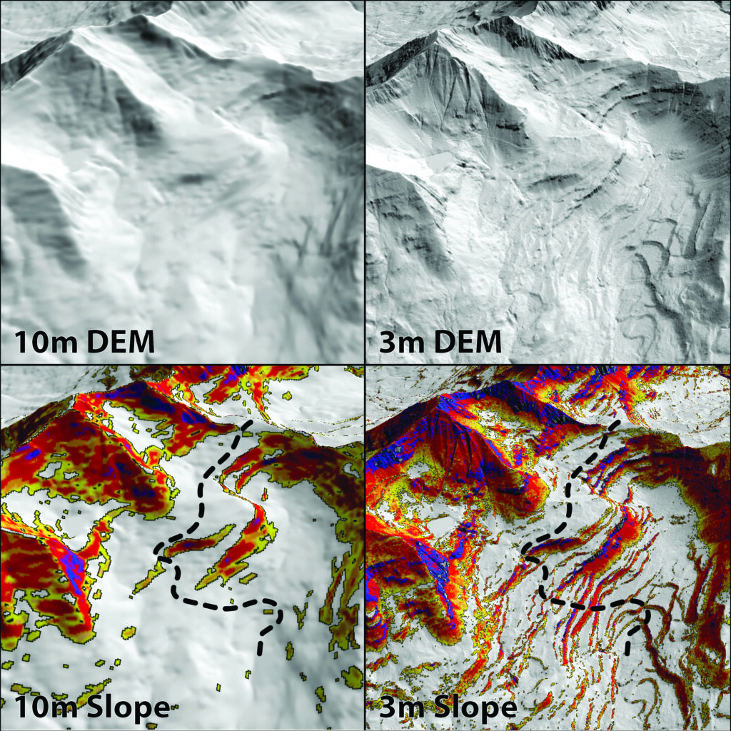 Perspective hillshade views of 10m (top left) and 3m (top right) DEMs, and slope maps derived from each in the lower panels.