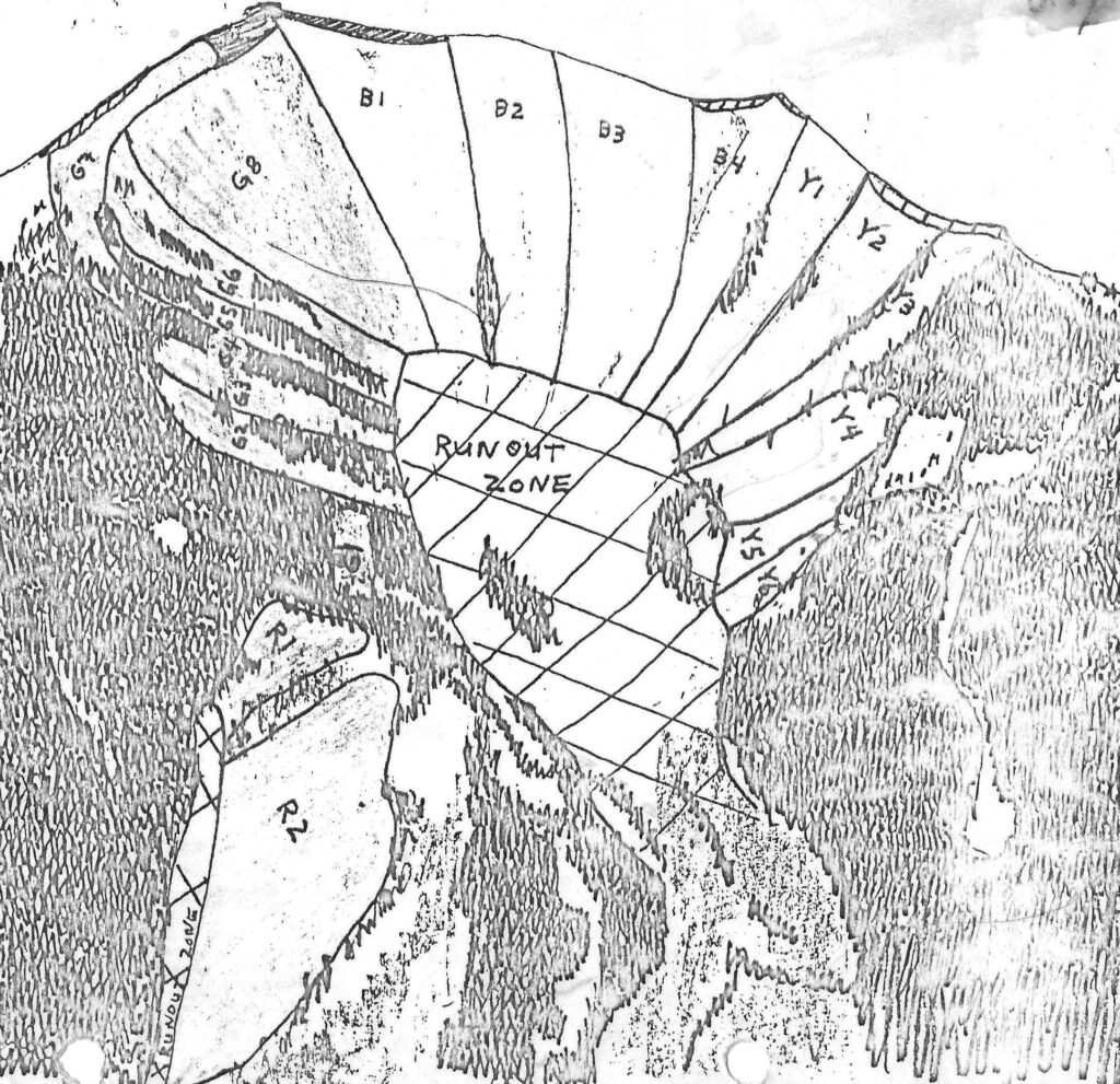 Original Bowl map showing the G, B, and Y Bowl zones, which 1970s Highlands patrollers Doug Driskell and Doug Childs named after the colored waxes used for different temperature aspects: green for cold, blue for moderate, and yellow for warm