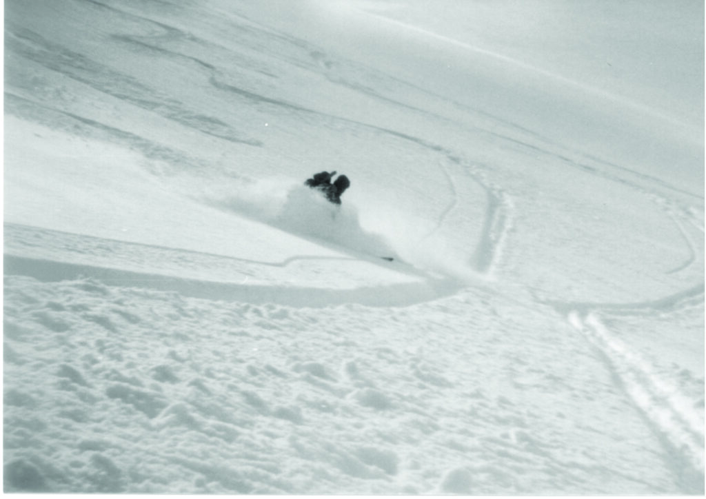 One of the three skiing into the top of the Bowl, day of slide